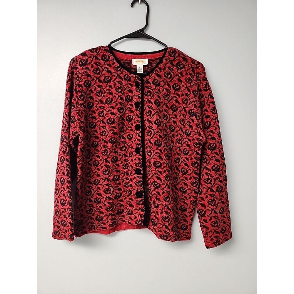 Talbots Womens Mp Vintage 90s‎ Red Black Roses Cotton Cardigan Velvet Buttons